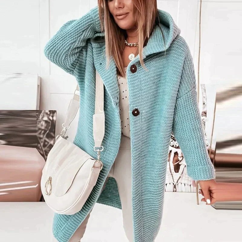 Women's Chunky Oversized Longline Hooded Midi Cardigan - Sky Blue