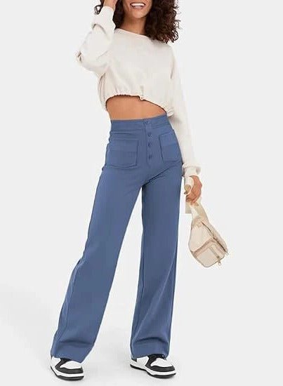 Women's High-Waisted Wide-Leg Trousers - Light Blue