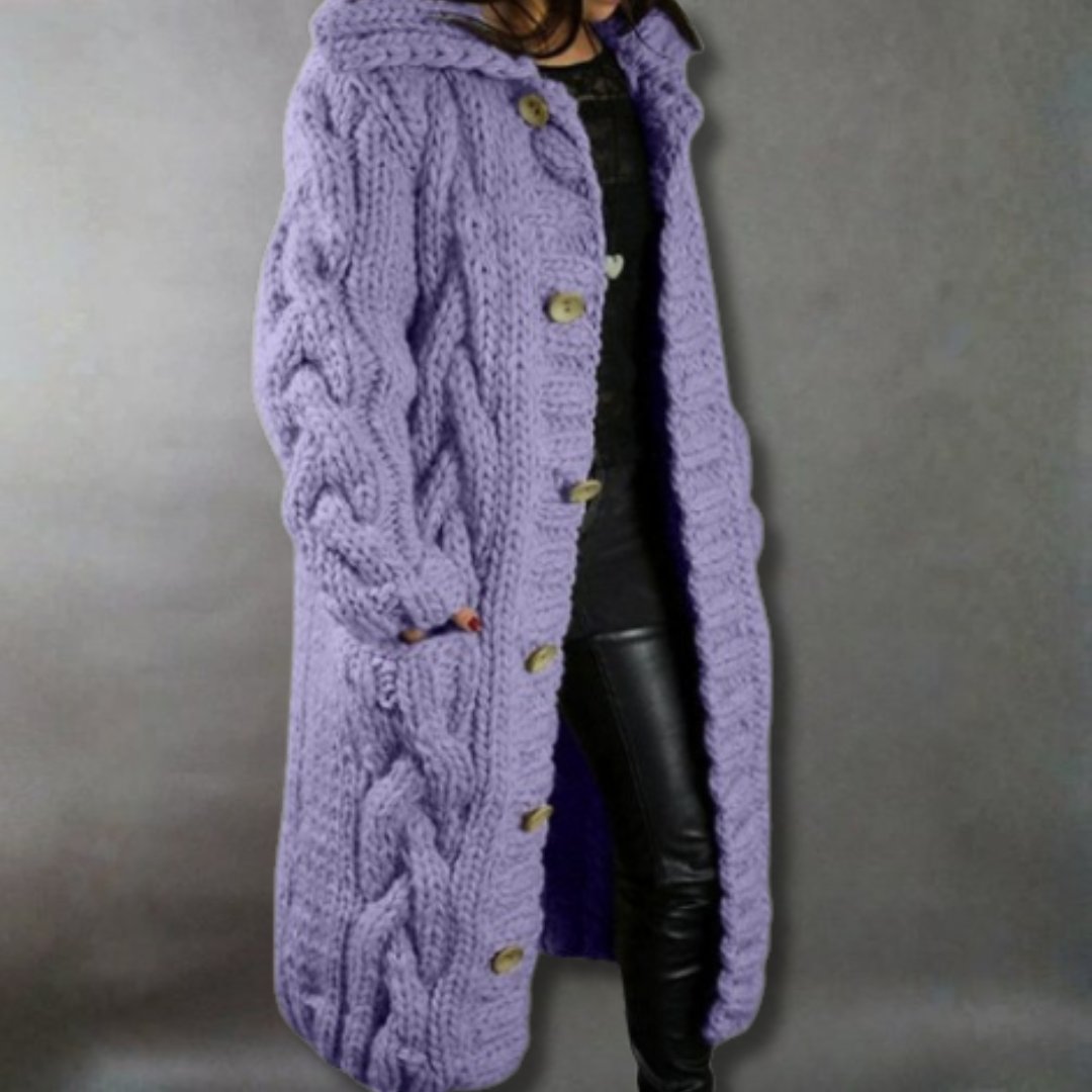 Women's Oversized Cable-Knit Cardigan Hooded Longline Coat - Purple