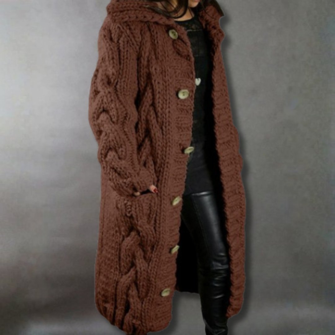 Women's Oversized Cable-Knit Cardigan Hooded Longline Coat - Brown
