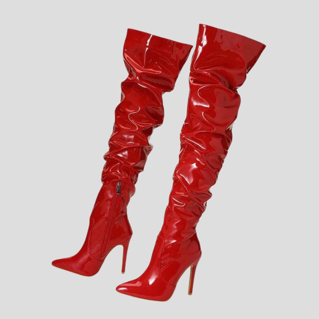 Women's Patent Leather Thigh-High Over-the-Knee Boots - Red