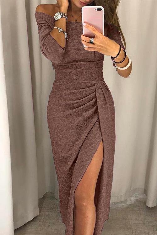 Women's Sequin Off-Shoulder Wrap Midi Party Dress - Brown