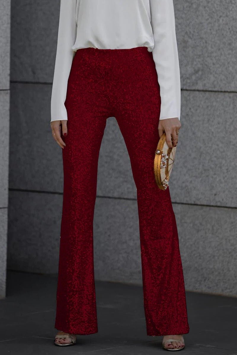 Women's High-Waisted Sequin Flare Trousers - Wine Red