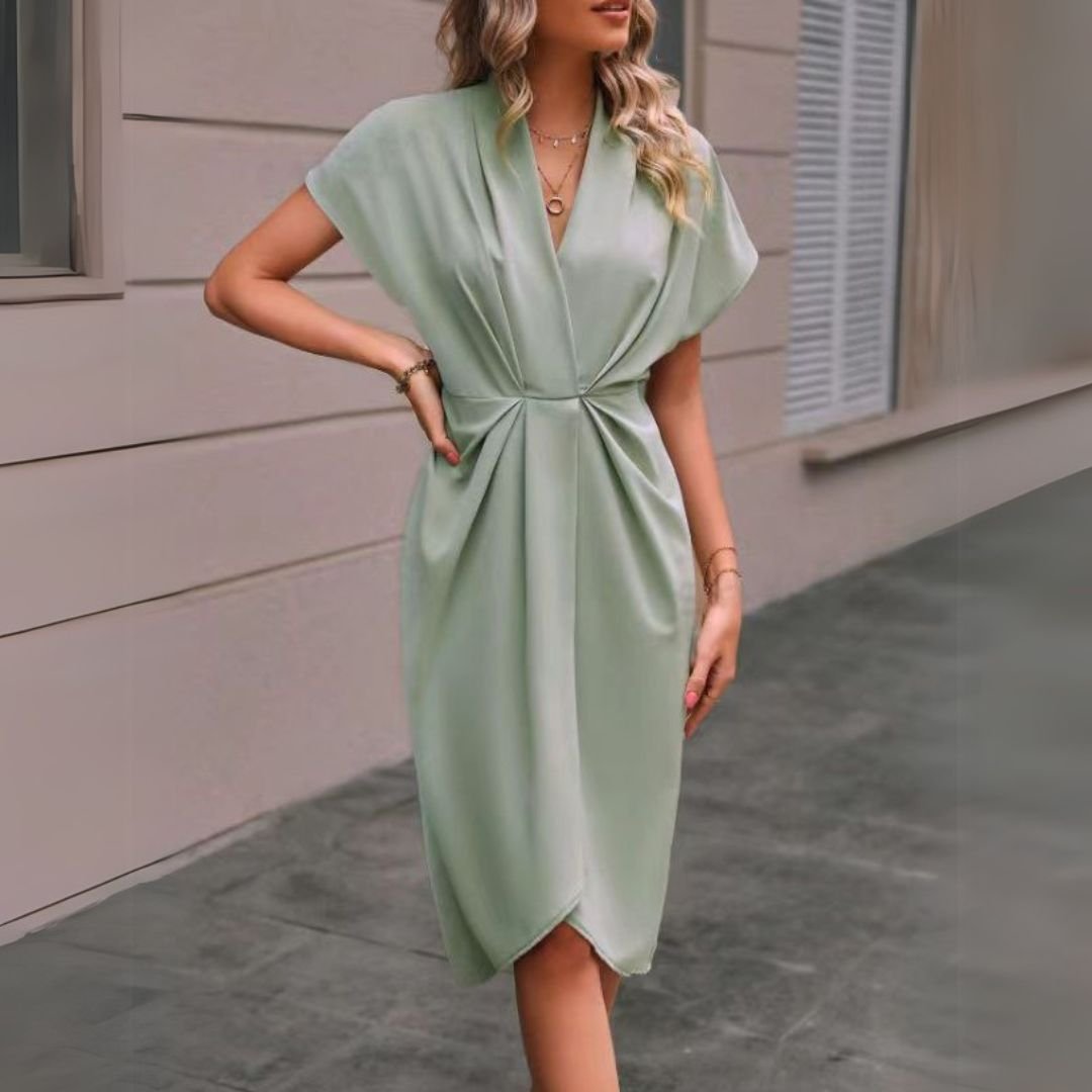 Women's Black Satin Wrap Midi Party Dress - Light Green