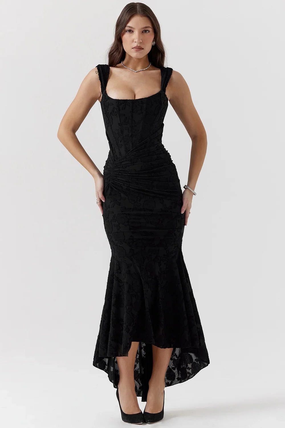 Women's Floral Square Neck Bodycon Party Dress - Black