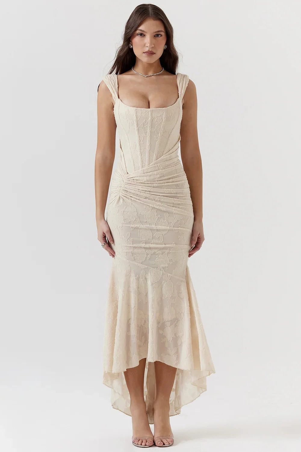 Women's Floral Square Neck Bodycon Party Dress - Cream