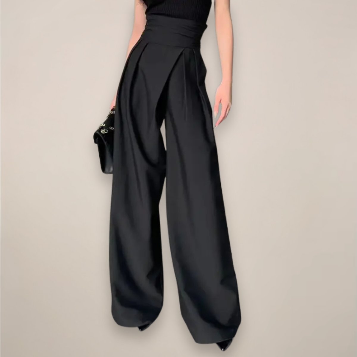 Women's Black Palazzo High-Waisted Pleated Satin Wide-Leg Trousers - Black