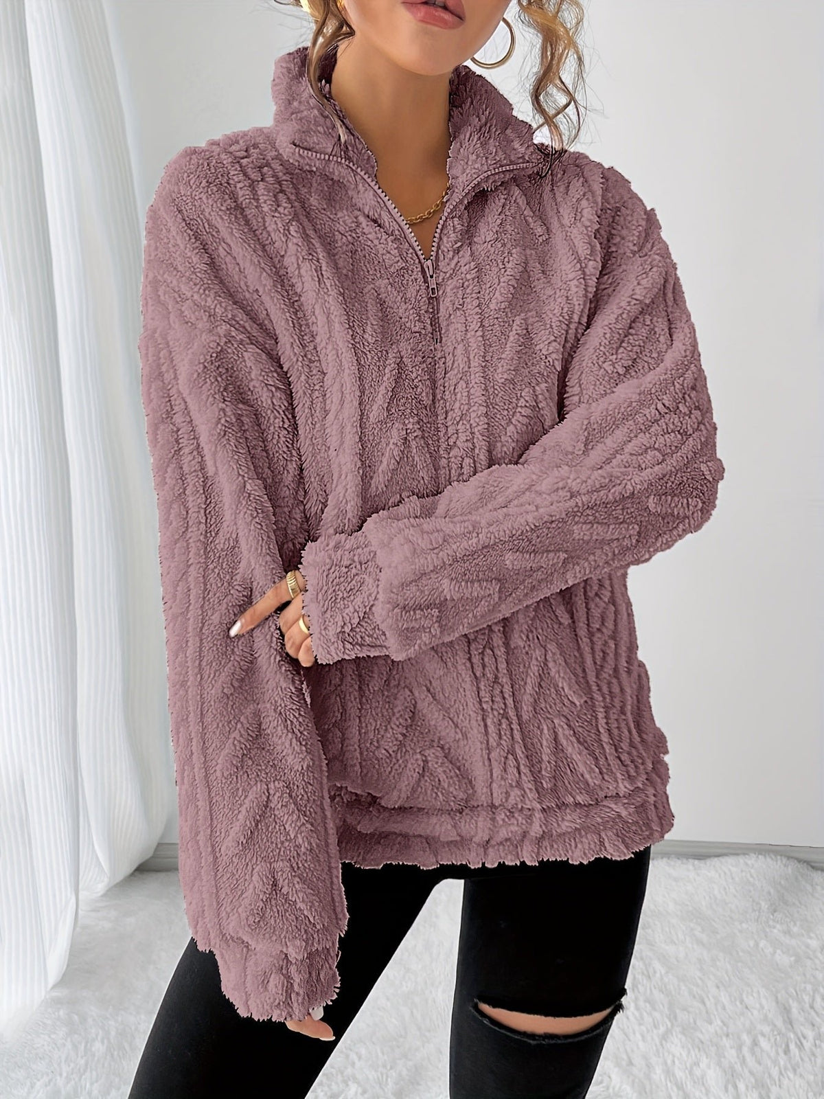 Women's Oversized Quarter-Zip Fleece Cable Knit Jumper