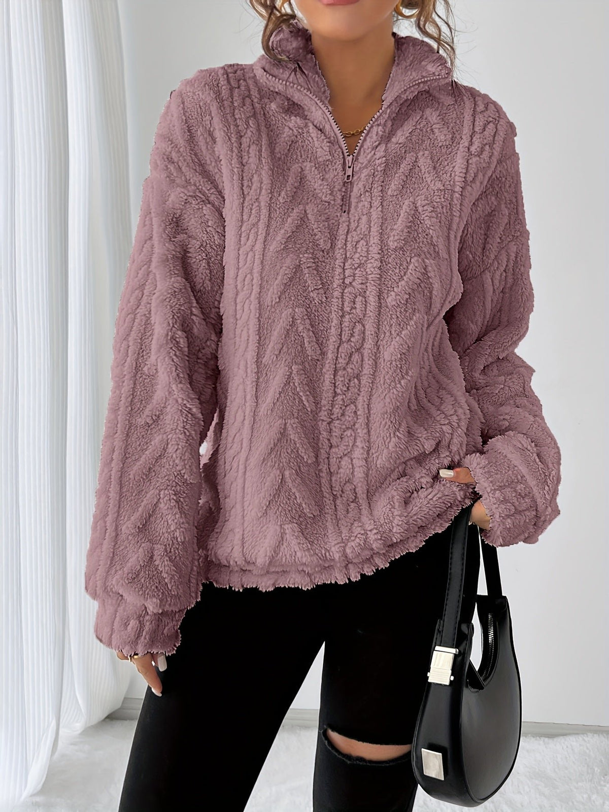 Women's Oversized Quarter-Zip Fleece Cable Knit Jumper