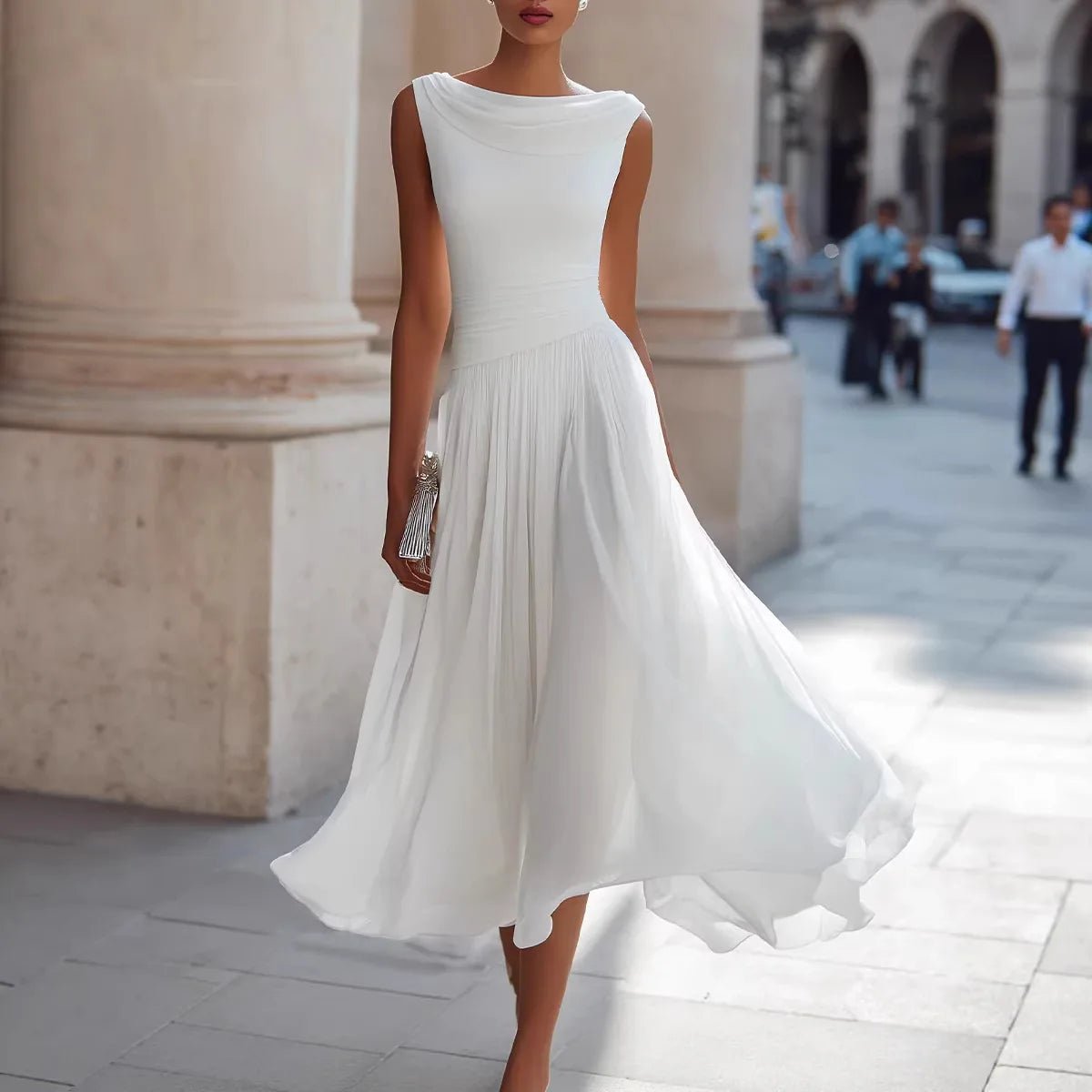 Women's Black Cocktail Chiffon Midi Party Dress - White