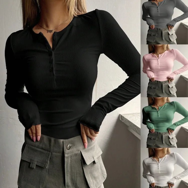 Women's Fitted Ribbed Long Sleeve Henley Top