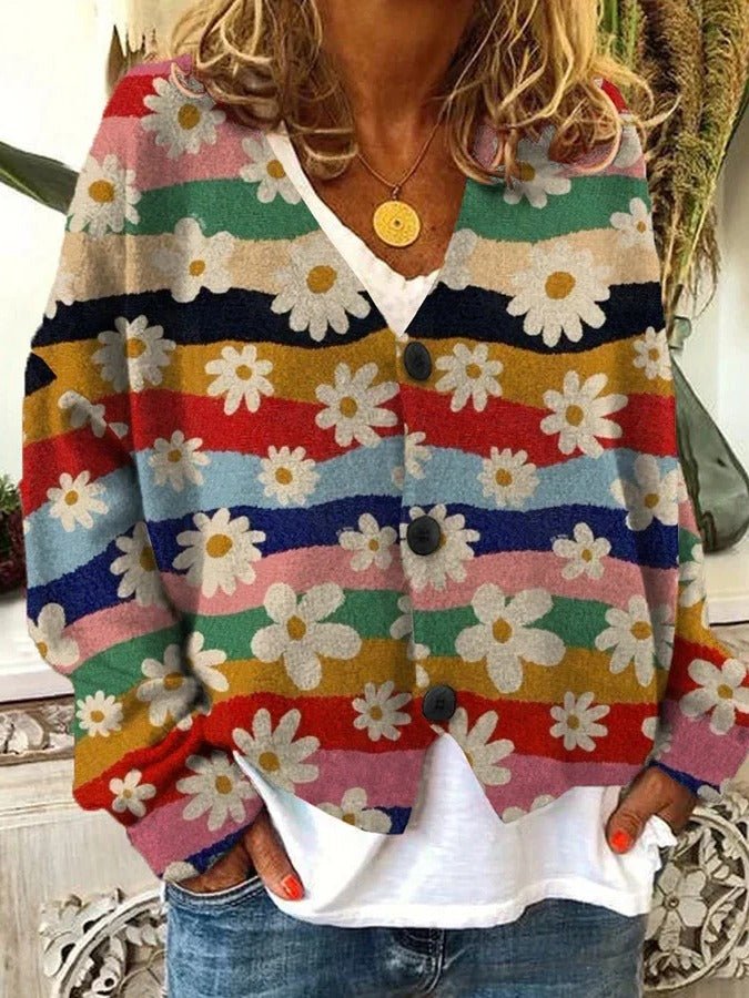 Women's Oversized Floral V-Neck Cardigan - Turmeric