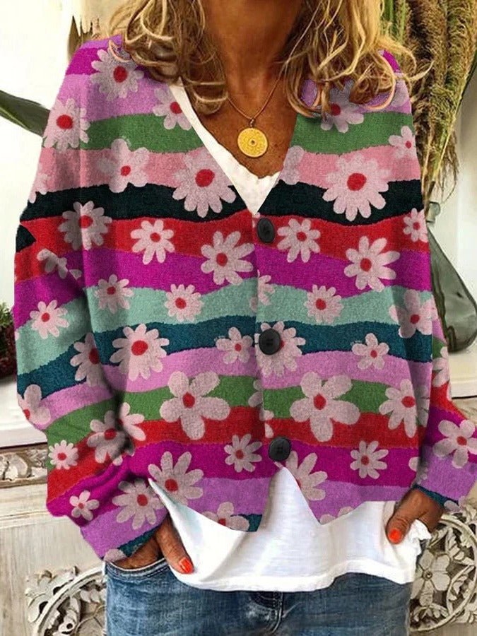 Women's Oversized Floral V-Neck Cardigan - Rose Violet