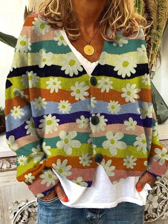 Women's Oversized Floral V-Neck Cardigan - Yellow