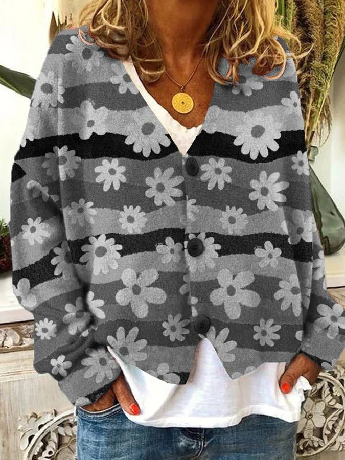 Women's Oversized Floral V-Neck Cardigan - Gray