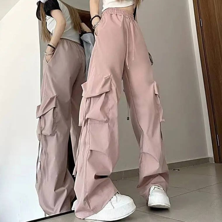 Women's Black Cargo Wide-Leg Trousers - Pink