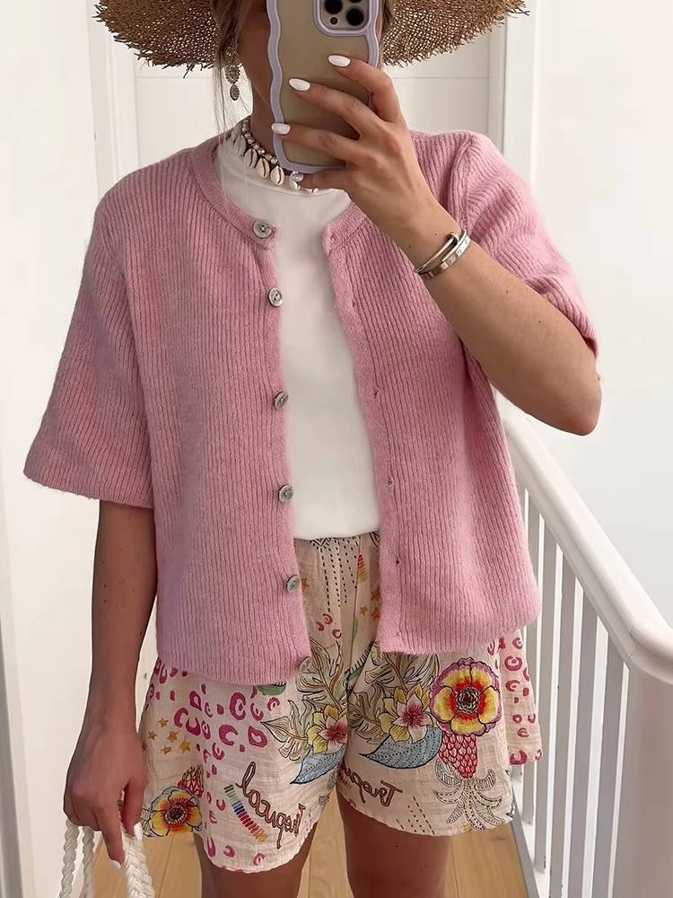 Women's Oversized Cropped Ribbed Cardigan - Pink