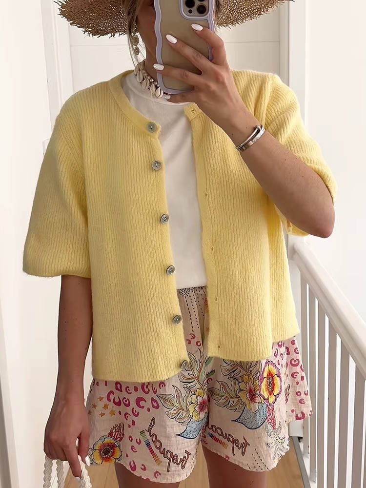 Women's Oversized Cropped Ribbed Cardigan - Yellow