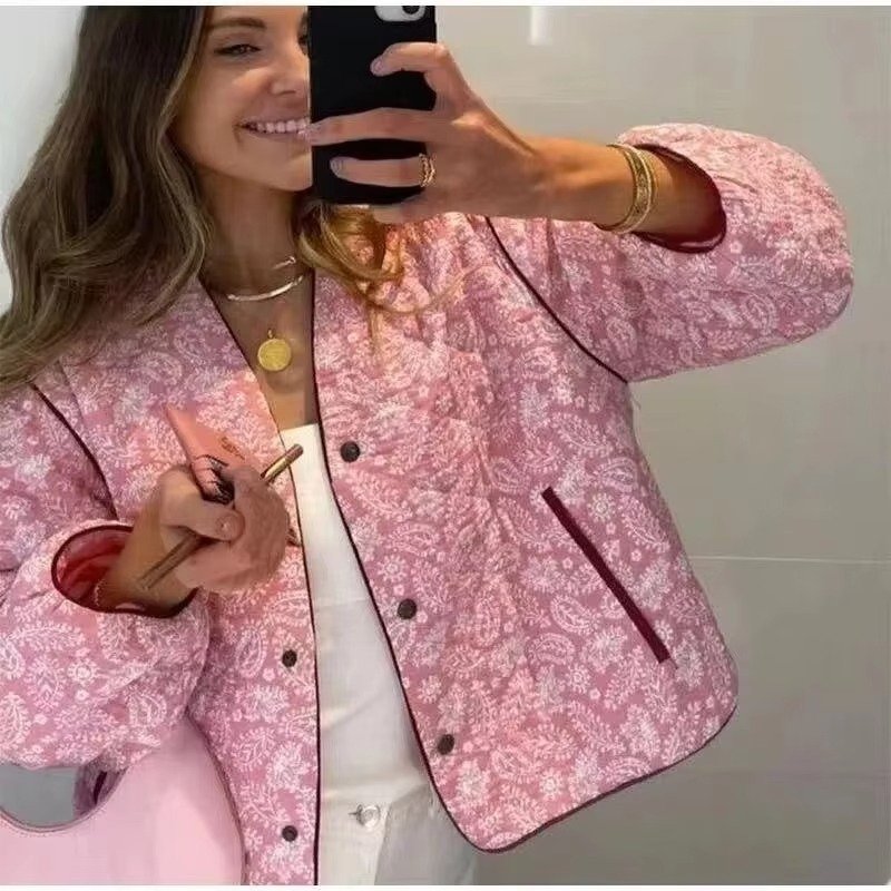 Women's Quilted Paisley Bomber Jacket - Pink