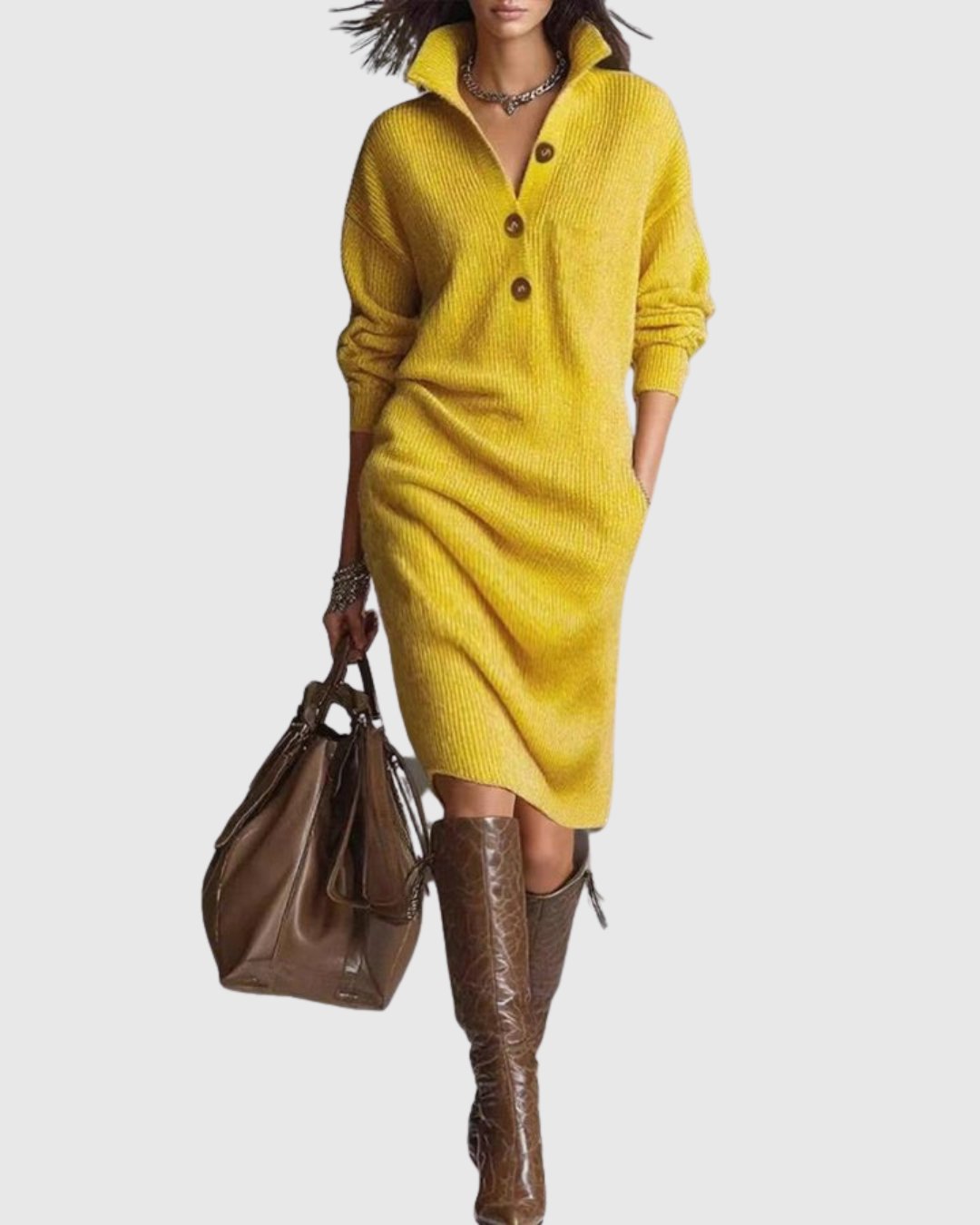 Women's Ribbed Midi Jumper Dress - Yellow