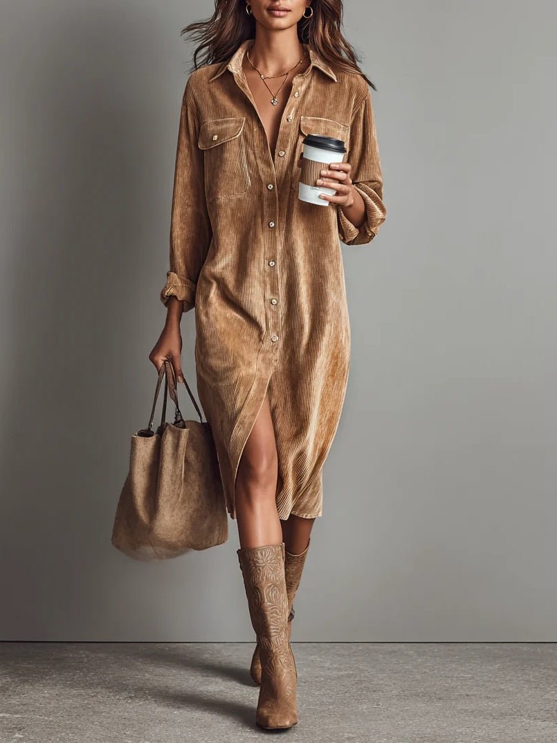Women's Oversized Corduroy Long Sleeve Midi Dress - Khaki
