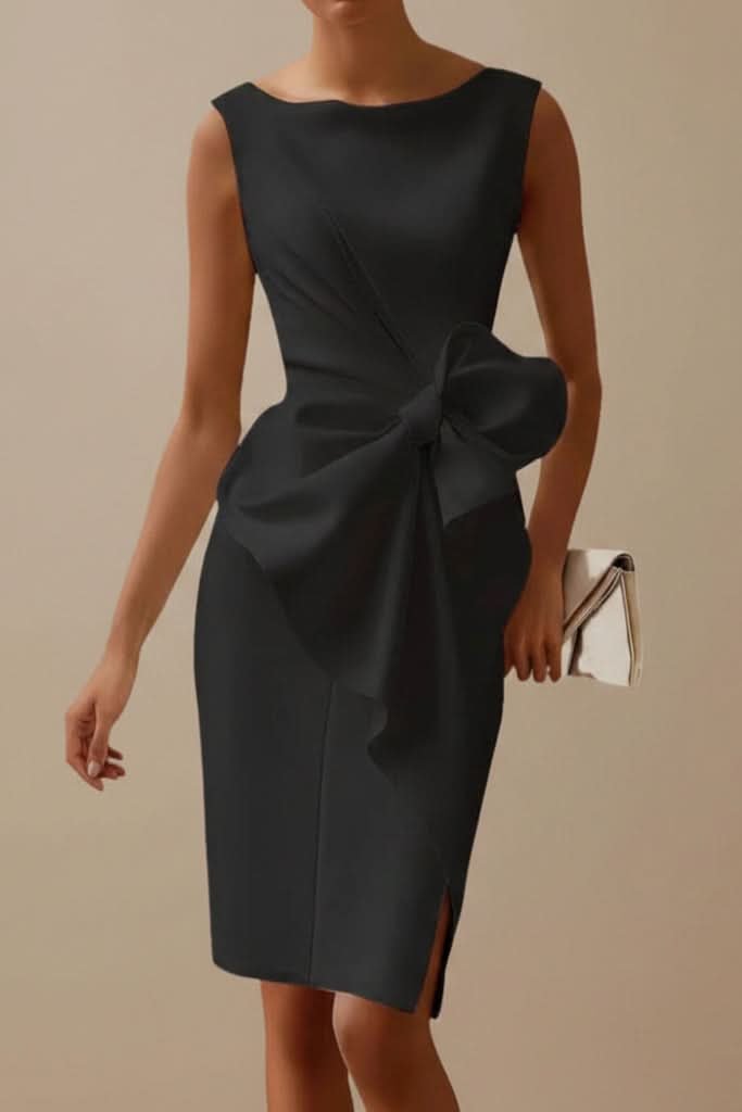 Women's Cocktail Satin Midi Party Dress - Black