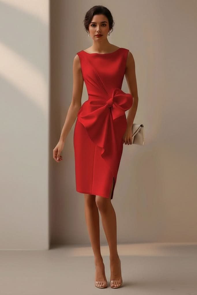 Women's Cocktail Satin Midi Party Dress - Red