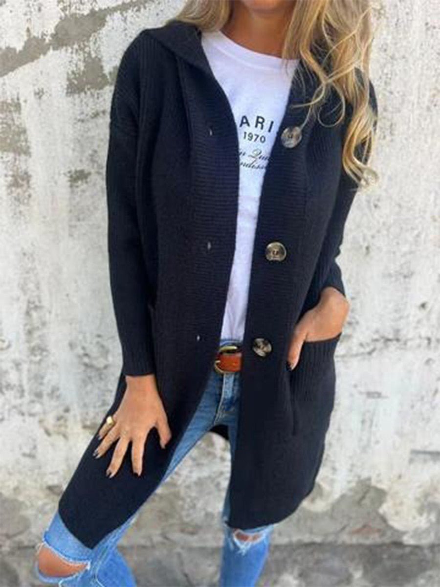 Women's Knit Ribbed Longline Hooded Cardigan - Black
