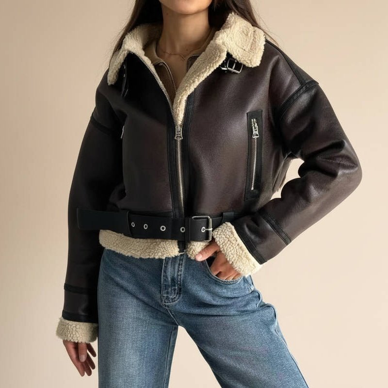 Women's Lined Moto Belted Shearling Leather Jacket