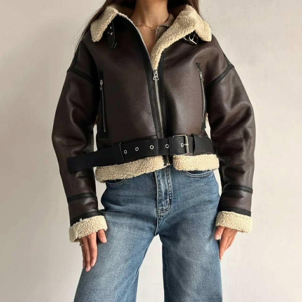 Women's Lined Moto Belted Shearling Leather Jacket