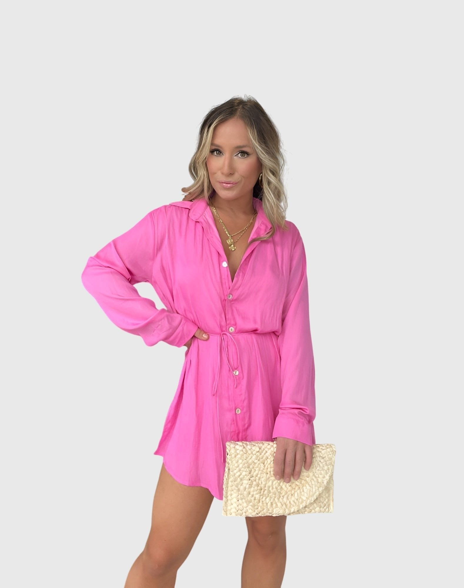 Women's Black Oversized Satin Long Sleeve Shirt Dress - Pink