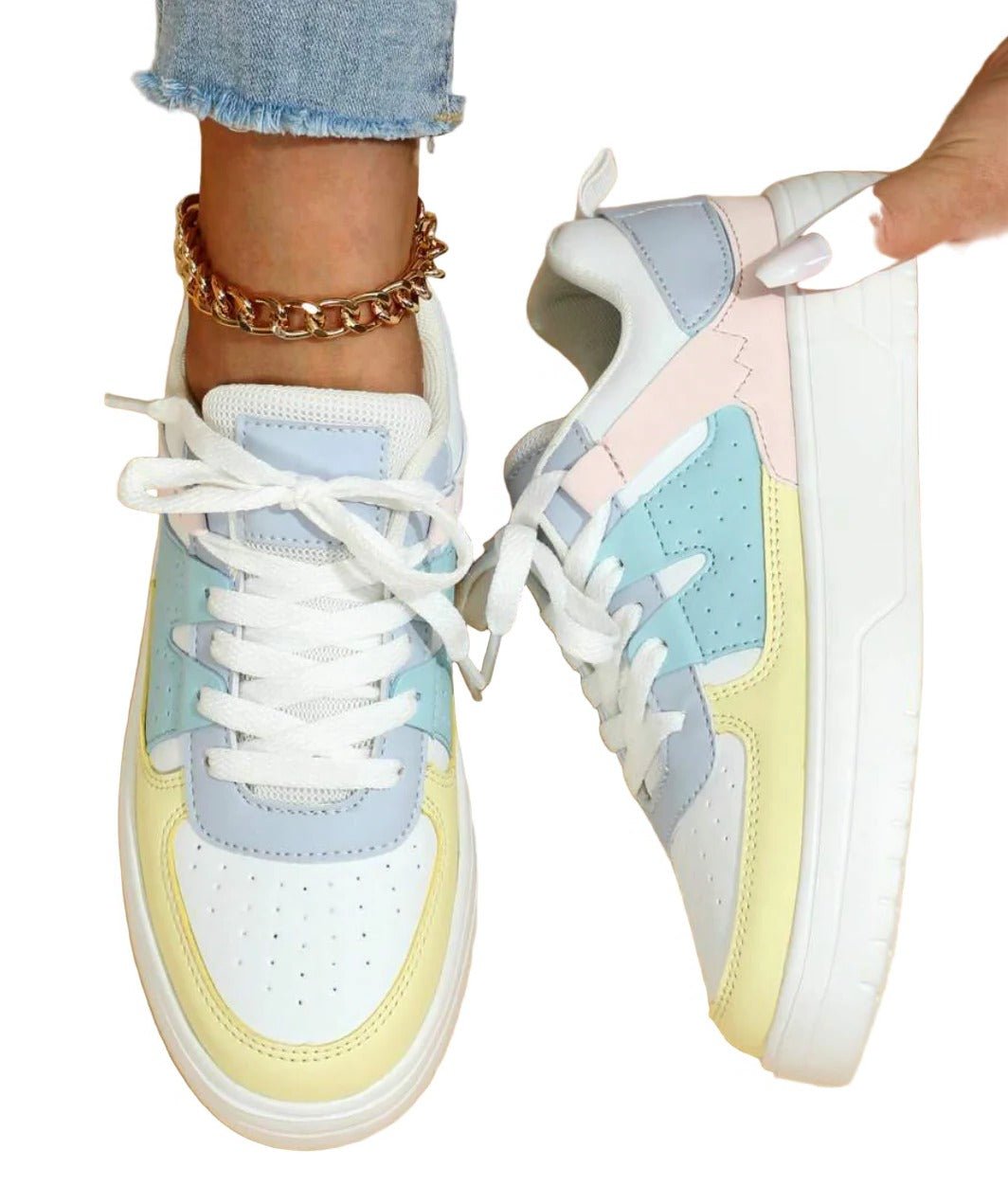 Women's Chunky Faux Leather Platform Lace-Up Trainers - Blue Rainbow