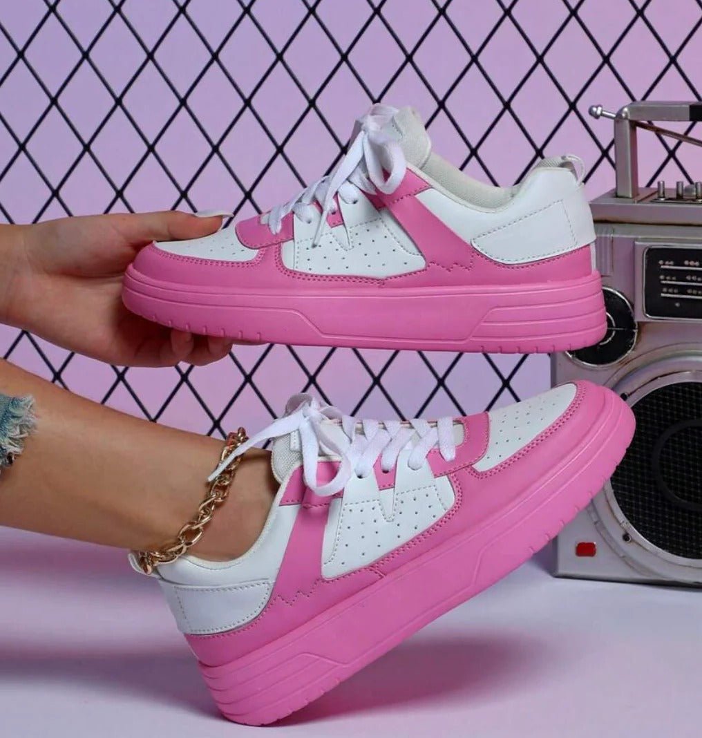 Women's Chunky Faux Leather Platform Lace-Up Trainers - Pink