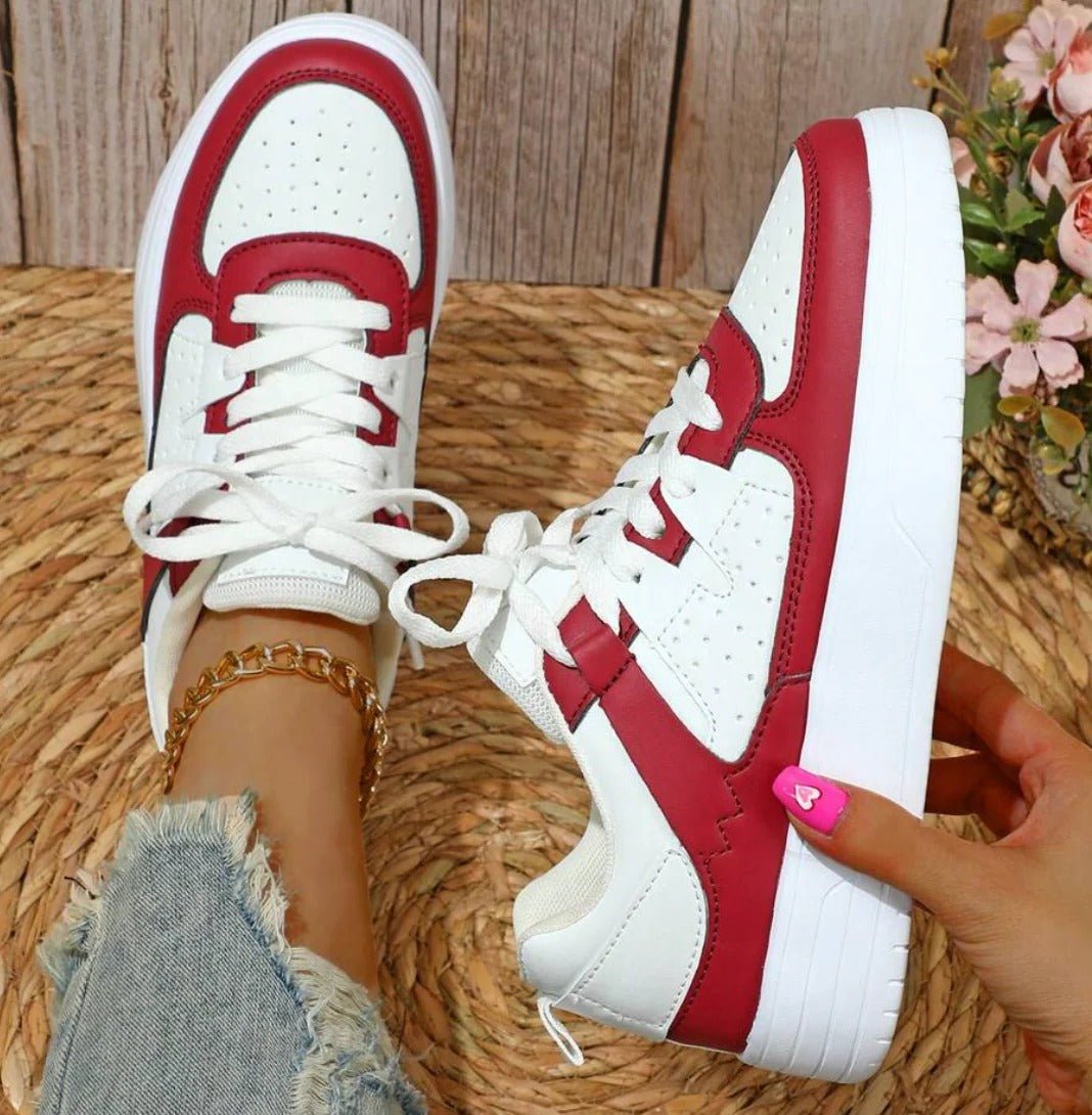 Women's Chunky Faux Leather Platform Lace-Up Trainers - Red