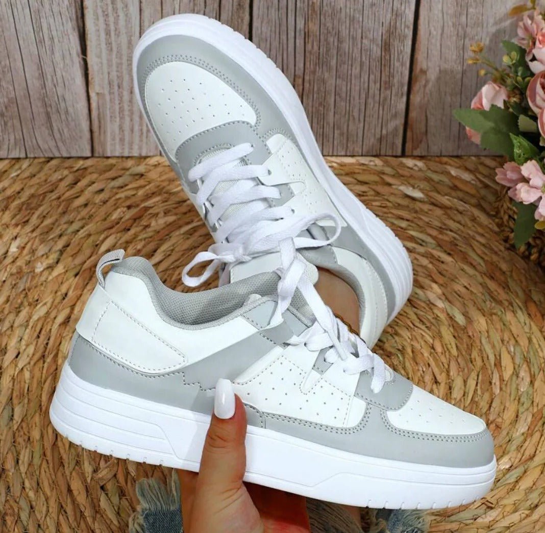 Women's Chunky Faux Leather Platform Lace-Up Trainers - Gray