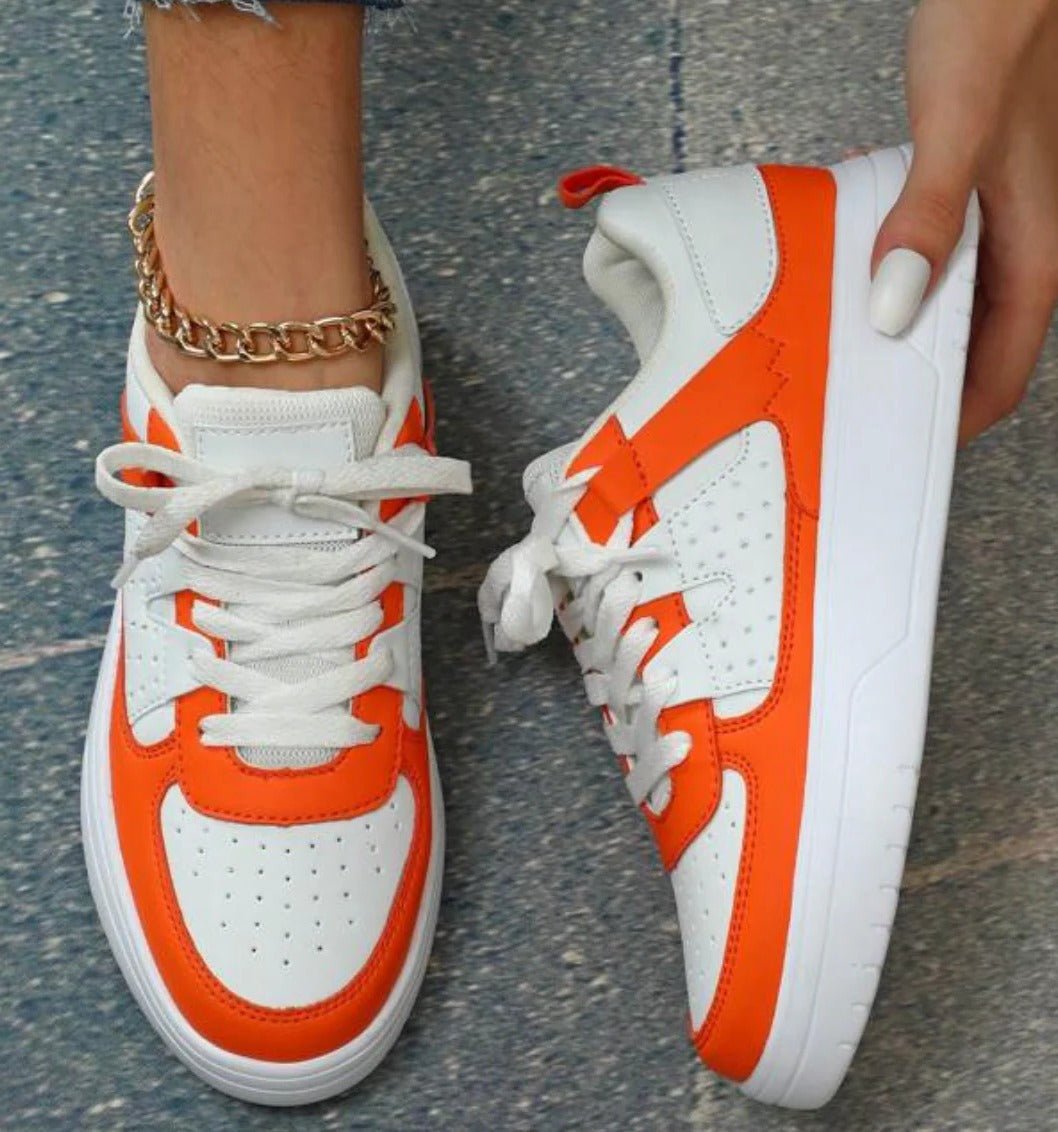 Women's Chunky Faux Leather Platform Lace-Up Trainers - Orange