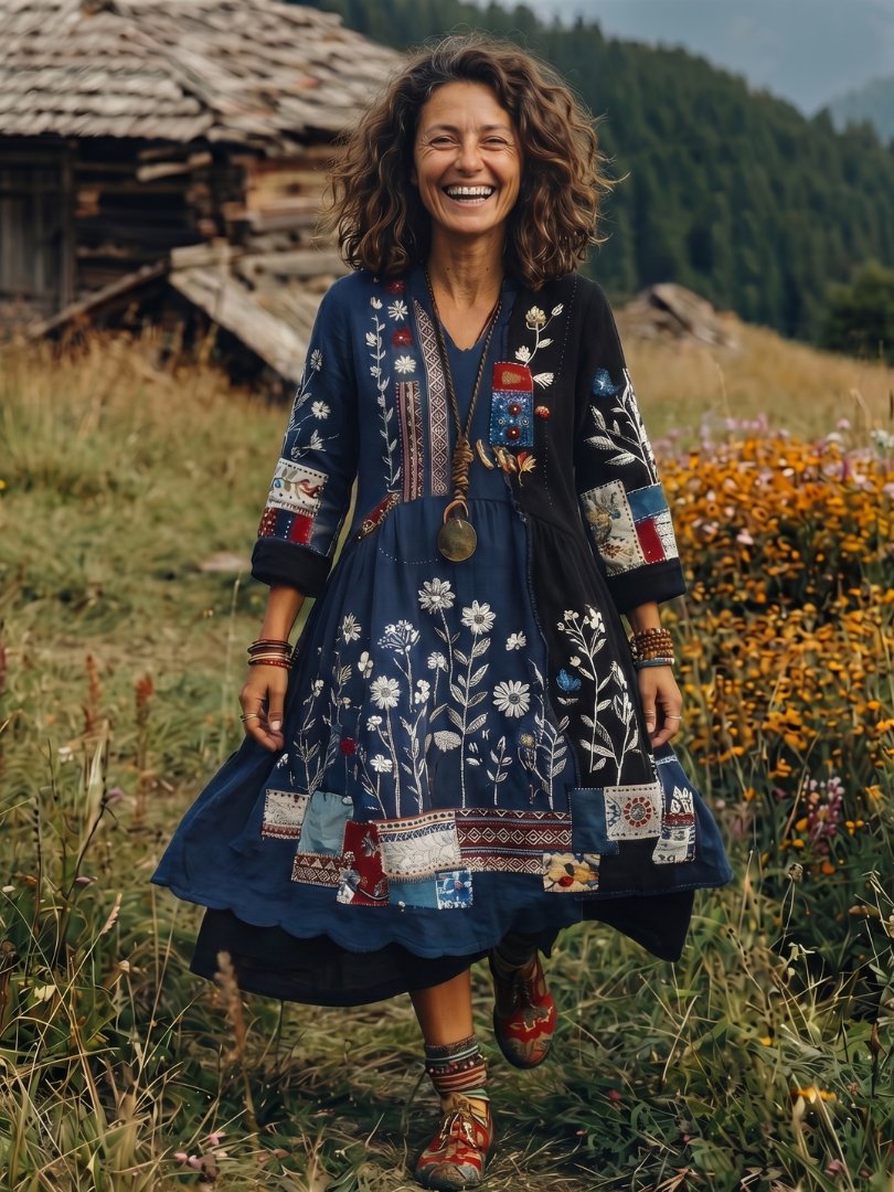 Women's Floral V-Neck Long Sleeve Midi Dress - Navy