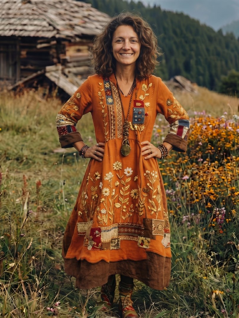 Women's Floral V-Neck Long Sleeve Midi Dress - Orange