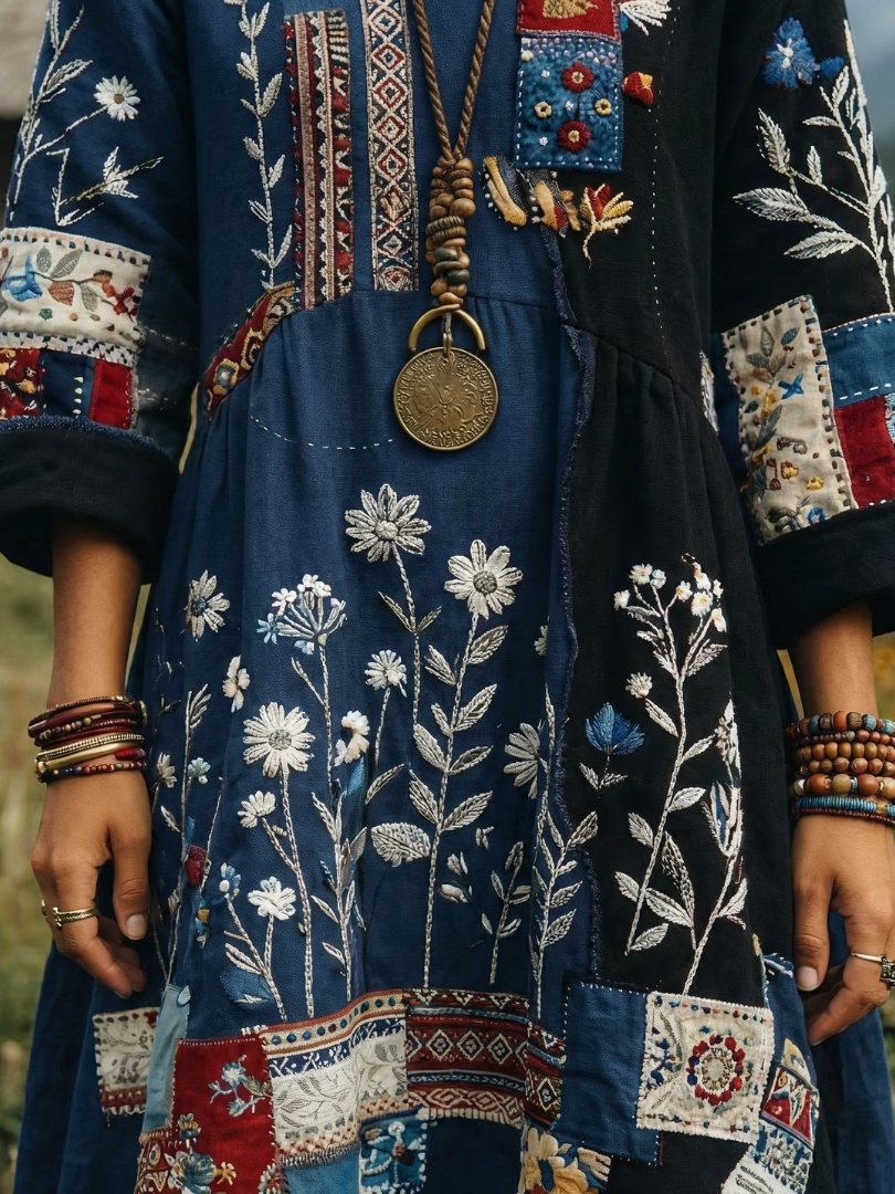 Women's Floral V-Neck Long Sleeve Midi Dress