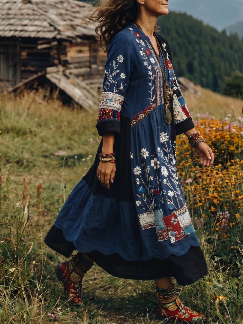 Women's Floral V-Neck Long Sleeve Midi Dress
