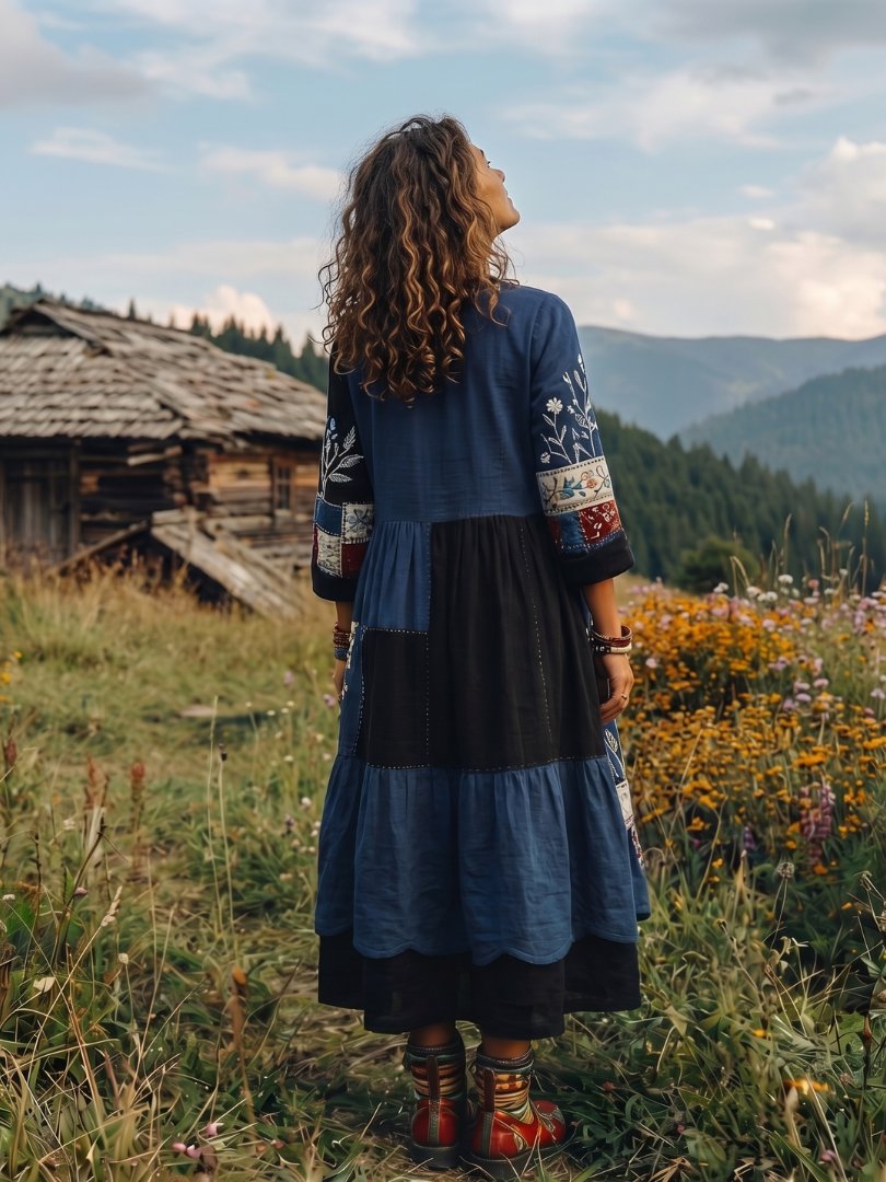 Women's Floral V-Neck Long Sleeve Midi Dress