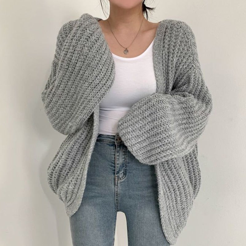 Women's Chunky Oversized Knit Ribbed Wool V-Neck Cardigan - Grey