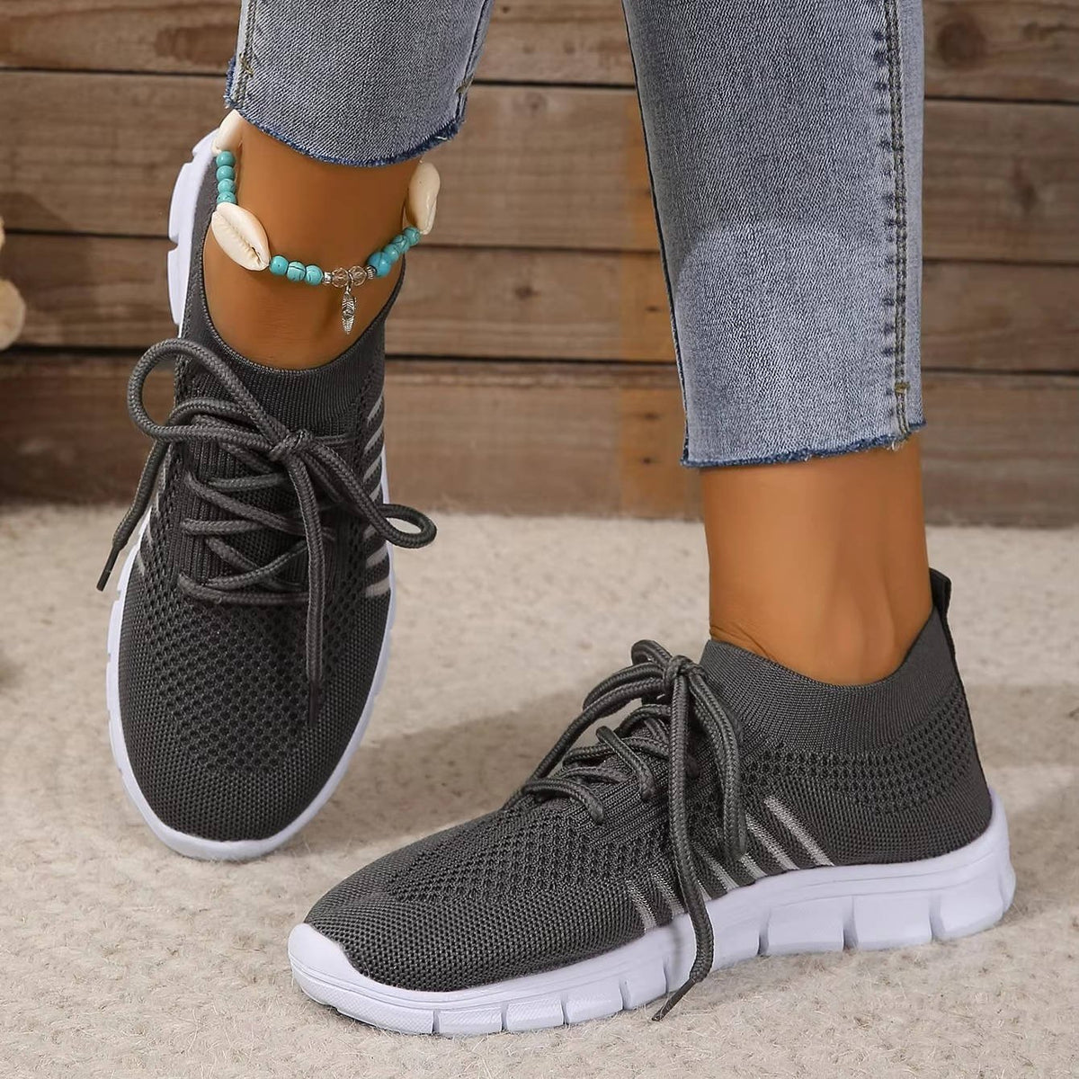 Women's Striped Knit Slip-On Trainers - Dark Gray