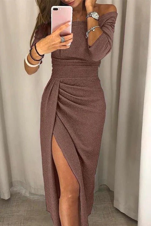 Women's Sequin Off-Shoulder Wrap Midi Party Dress - Brown