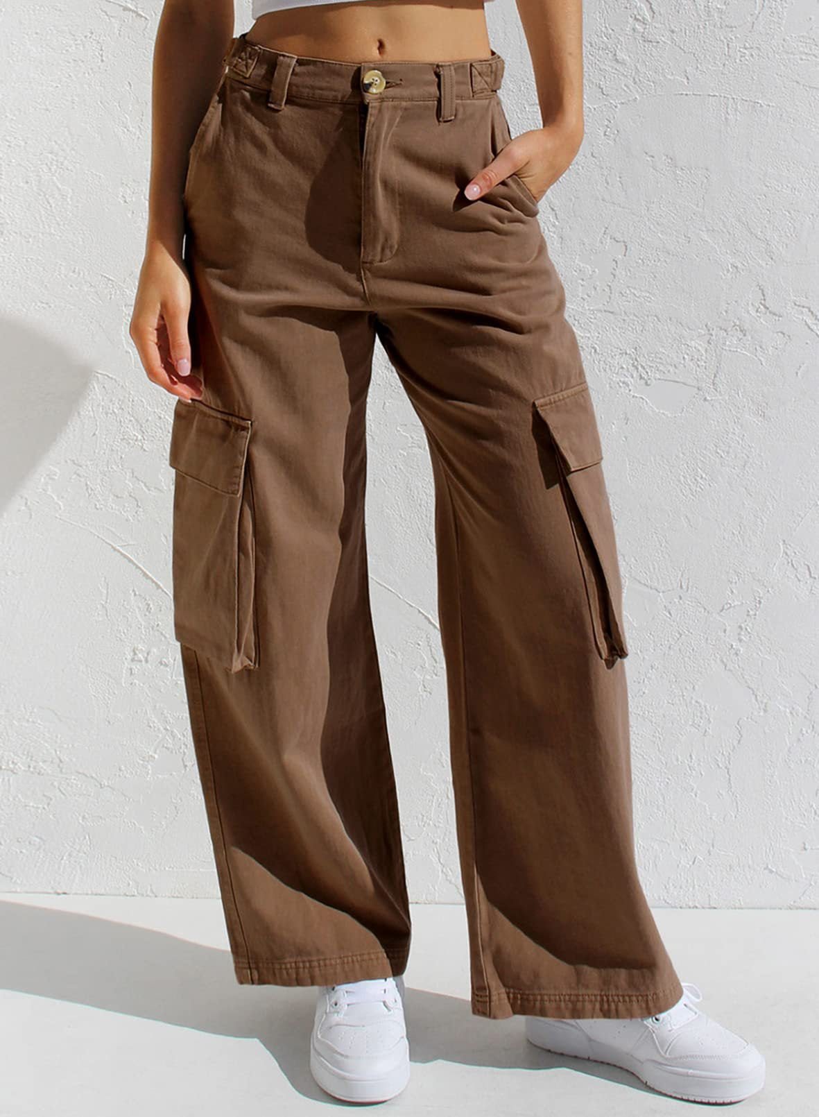 Women's High-Waisted Cargo Straight-Leg Trousers - Brown