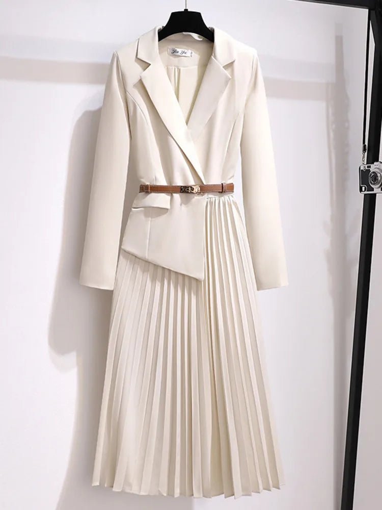 Women's Pleated Wrap Midi Blazer Dress - Beige