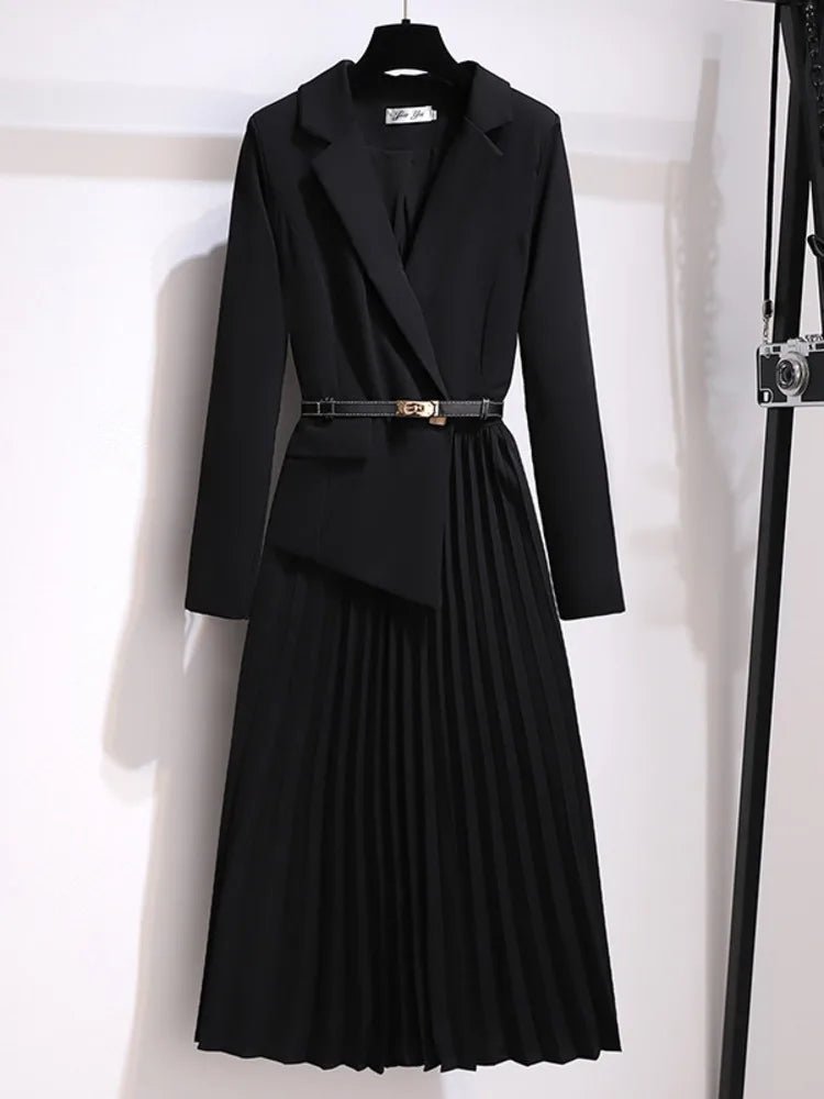 Women's Pleated Wrap Midi Blazer Dress - Black