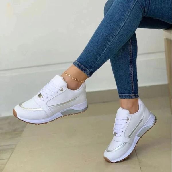 Women's Platform Lace-Up Leather Trainers - White
