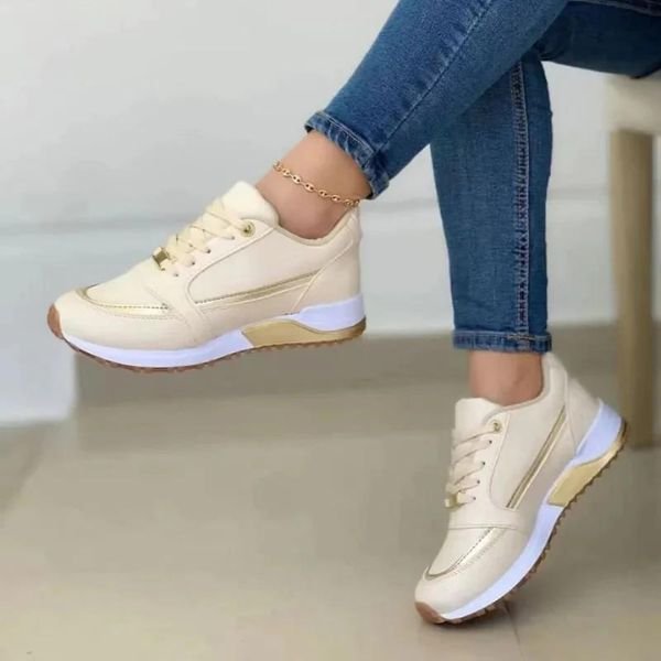 Women's Platform Lace-Up Leather Trainers - Gold