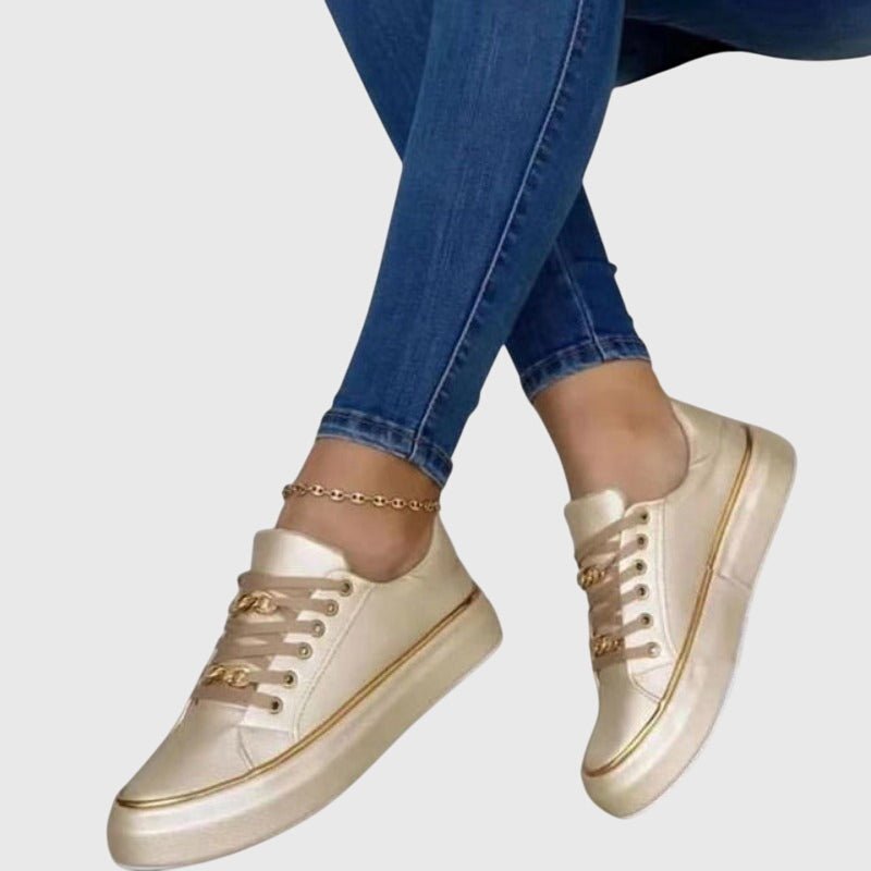 Women's Chunky Faux Leather Platform Lace-Up Trainers - Gold